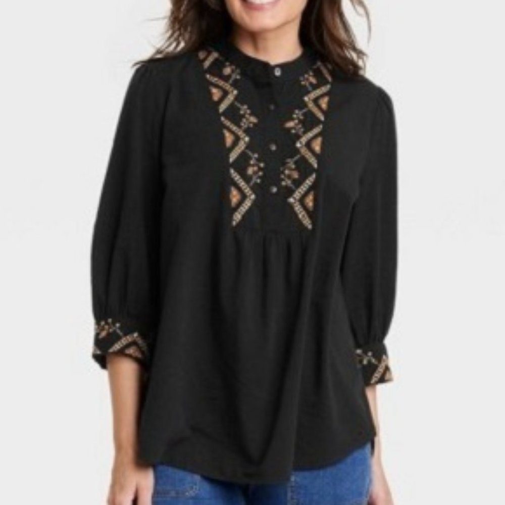 Knox Rose™ Women's Bishop 3/4 Sleeve Embroidered Blouse Black Size XXL